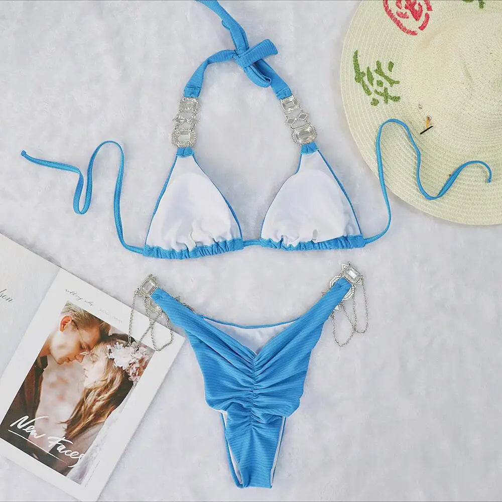 Sexy bikini swimsuit in solid color, two-piece with straps and metal crystal accessories, women's swimwear