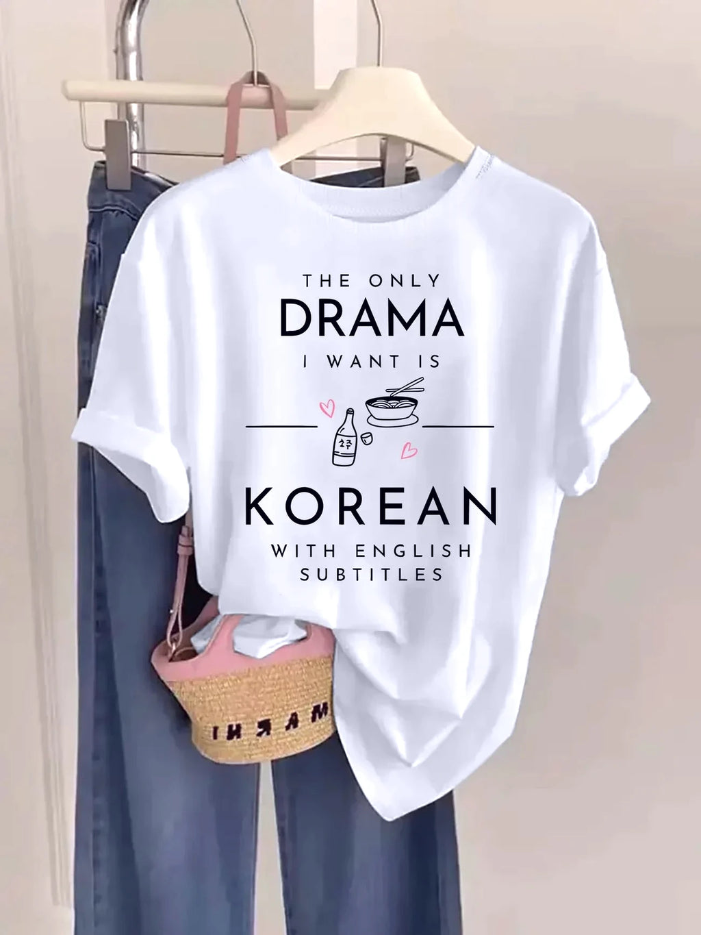 The Only Drama I Want Is Korean with English Subtitles T Shirt Funny K-Drama Fan Gift Women Graphic Harajuku Summer Vintage Tops