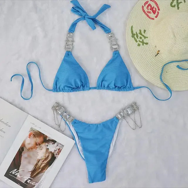 Sexy bikini swimsuit in solid color, two-piece with straps and metal crystal accessories, women's swimwear