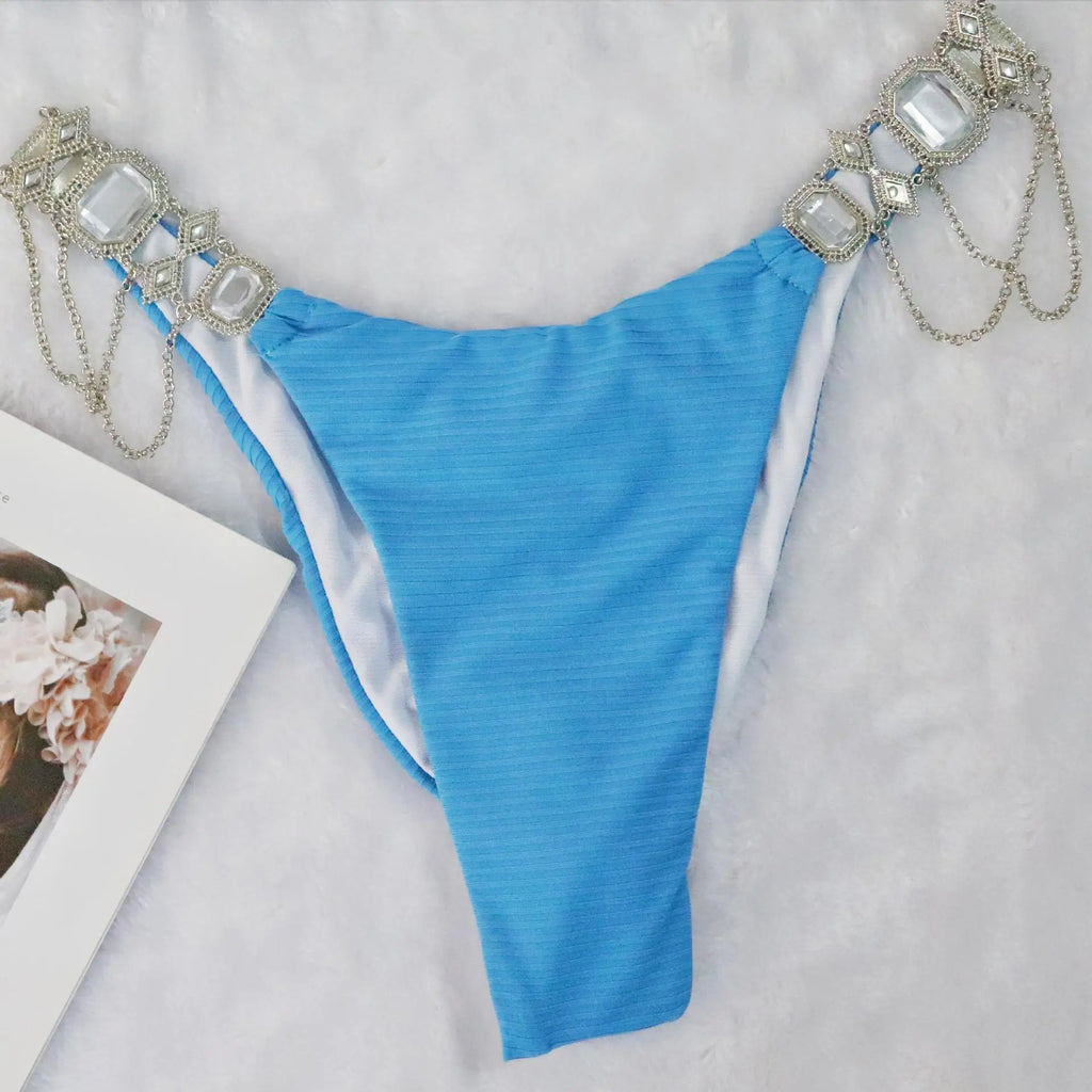 Sexy bikini swimsuit in solid color, two-piece with straps and metal crystal accessories, women's swimwear