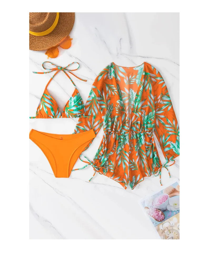 New 5 Colors Women Bikini 3 Piece Set Halter Top Mid Waisted Bottom + Long Sleeved Drawstring Cover Up 2025 Sexy Slim Beachwear
