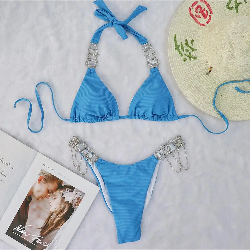 Sexy bikini swimsuit in solid color, two-piece with straps and metal crystal accessories, women's swimwear