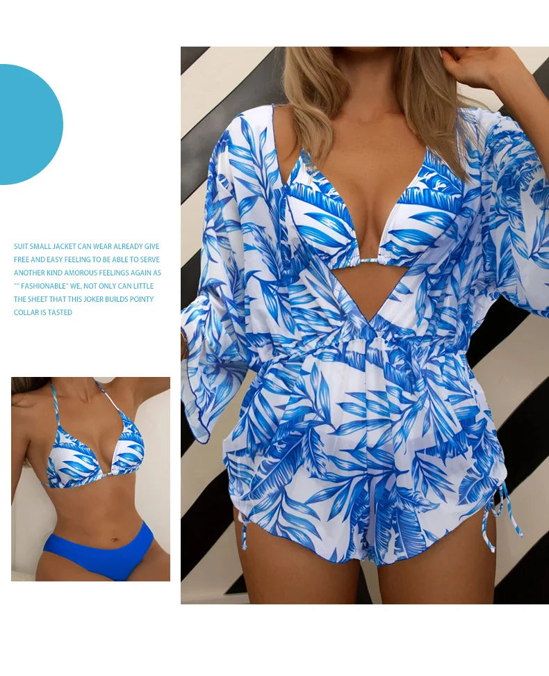 New 5 Colors Women Bikini 3 Piece Set Halter Top Mid Waisted Bottom + Long Sleeved Drawstring Cover Up 2025 Sexy Slim Beachwear