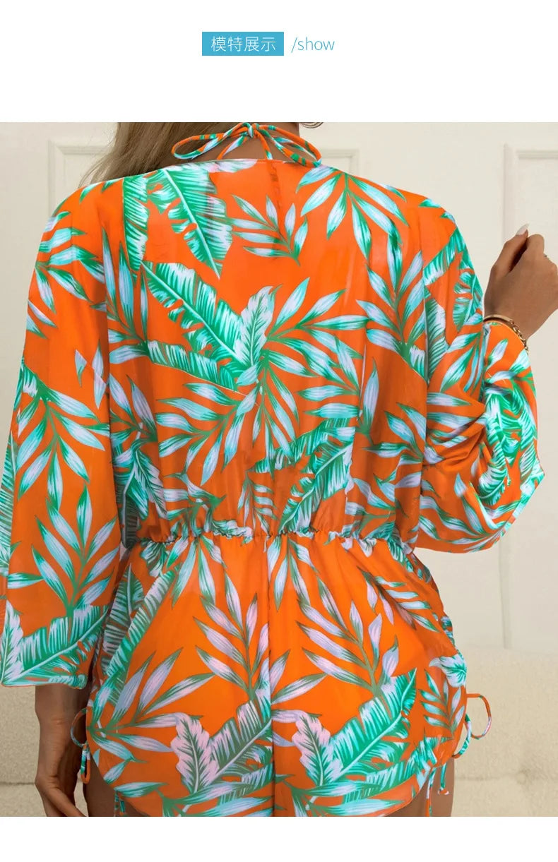 New 5 Colors Women Bikini 3 Piece Set Halter Top Mid Waisted Bottom + Long Sleeved Drawstring Cover Up 2025 Sexy Slim Beachwear