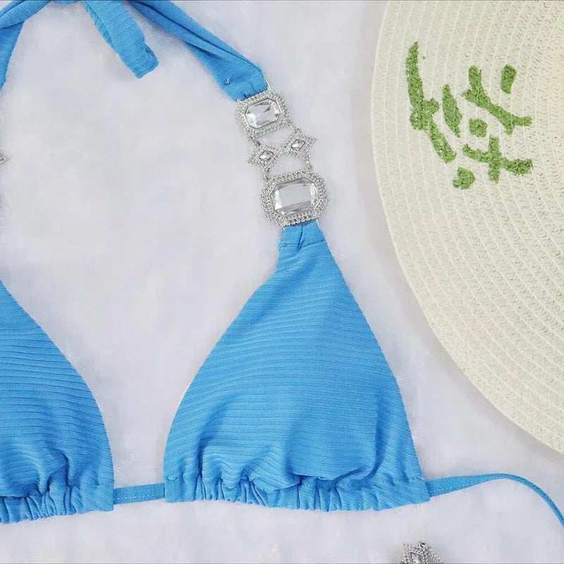 Sexy bikini swimsuit in solid color, two-piece with straps and metal crystal accessories, women's swimwear