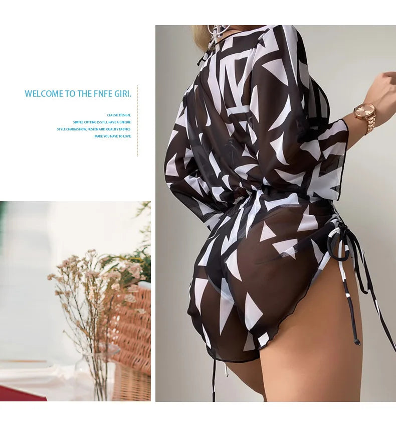New 5 Colors Women Bikini 3 Piece Set Halter Top Mid Waisted Bottom + Long Sleeved Drawstring Cover Up 2025 Sexy Slim Beachwear