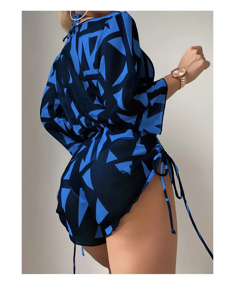 New 5 Colors Women Bikini 3 Piece Set Halter Top Mid Waisted Bottom + Long Sleeved Drawstring Cover Up 2025 Sexy Slim Beachwear