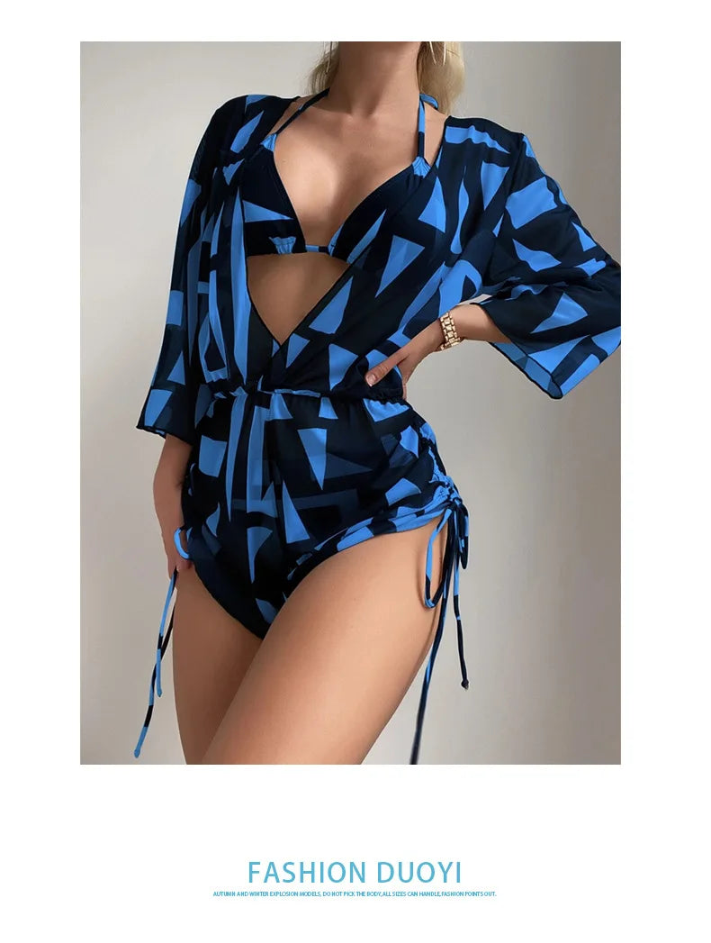 New 5 Colors Women Bikini 3 Piece Set Halter Top Mid Waisted Bottom + Long Sleeved Drawstring Cover Up 2025 Sexy Slim Beachwear