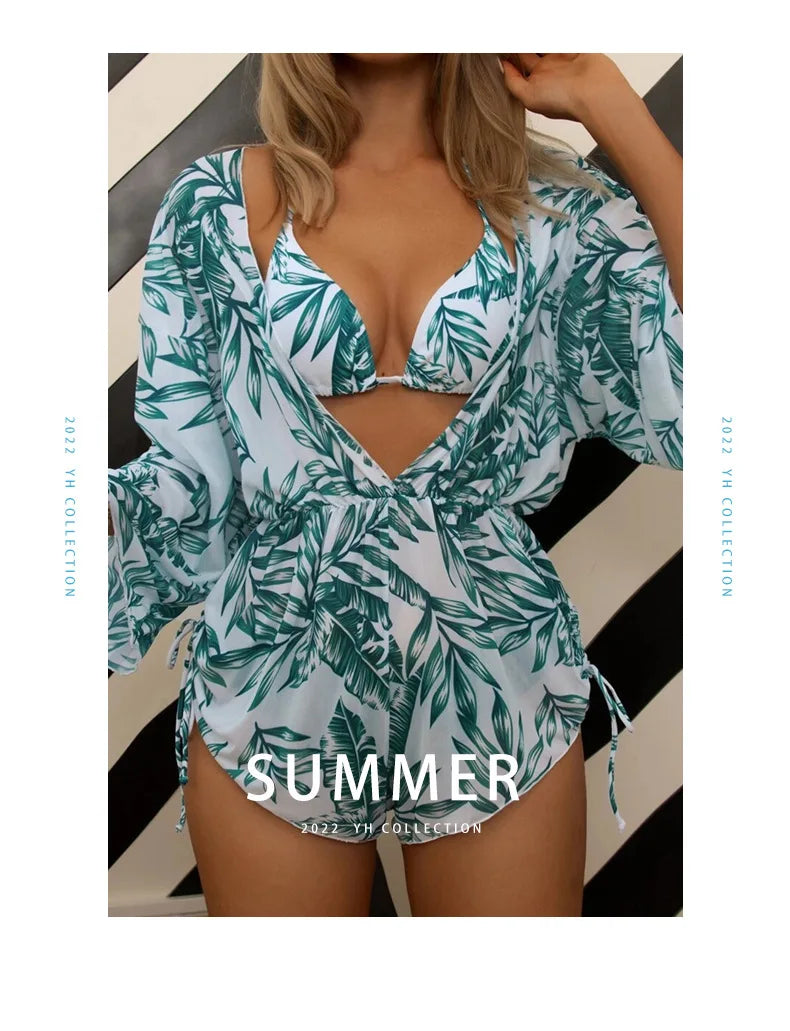 New 5 Colors Women Bikini 3 Piece Set Halter Top Mid Waisted Bottom + Long Sleeved Drawstring Cover Up 2025 Sexy Slim Beachwear