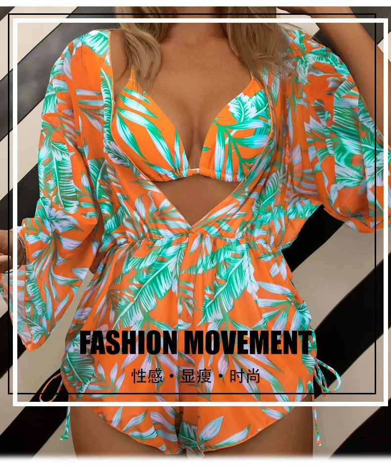 New 5 Colors Women Bikini 3 Piece Set Halter Top Mid Waisted Bottom + Long Sleeved Drawstring Cover Up 2025 Sexy Slim Beachwear